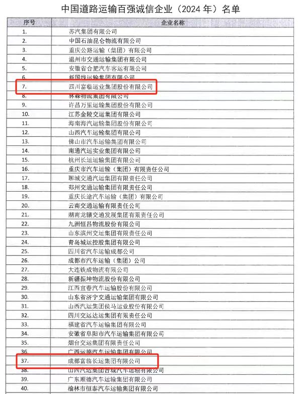 喜讯！恒峰g22运业新晋中国道路运输百强诚信企业（2024）十强榜单